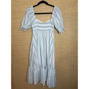 Abercrombie‎ & Fitch Blue White Striped Puff Sleeve Smocked Midi Dress Small thumbnail 4