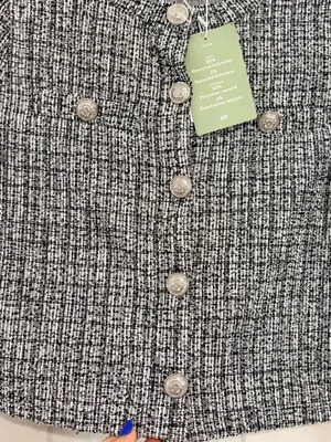 H&M Tweed Plaid Cardigan Jacket Black White Cropped Preppy Quiet Luxury Academia XS thumbnail 4