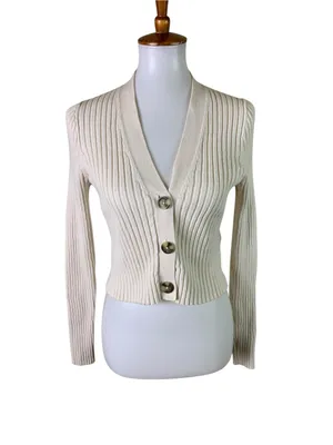 Madewell Brenville Cream Ribbed Cropped Cardigan L Button Front V Neck Minimalis thumbnail 2