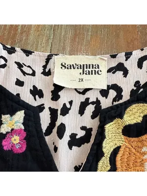 Savanna Jane Mini Dress 2X Beige Black Leopard Floral Multicolor Embroidery Boho thumbnail 8