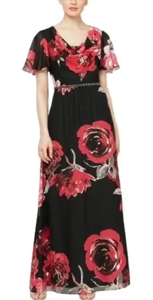 NWT SLNY Cowl Neck Floral Maxi Dress Black Red Floral Flutter Sleeve Size 6 thumbnail 1
