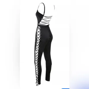 House Of CB, 'Tsarina' Black Satin Jumpsuit With Side Lace Ups thumbnail 6