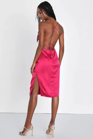 Lulus Always Luminous Magenta Satin Ruched Lace-up Dress thumbnail 2