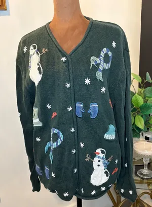 Ugly Christmas Sweater Cardigan Womens XL Green Snowman Mittens Scarf Poinsettia thumbnail 1