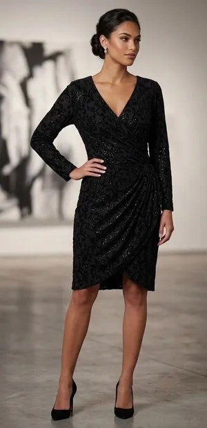 Adrianna Papell Size-22W Black Dress Glitter Velvet Faux‎ Wrap Cocktail thumbnail 1