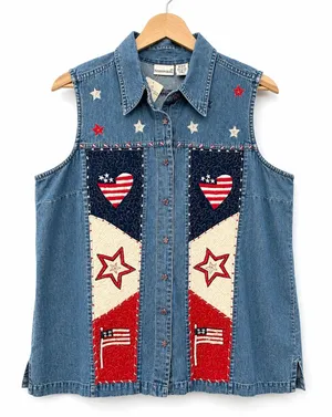 VTG 90s Fashion Bug patriotic American cottage patchwork denim vest shirt NWT XL thumbnail 1