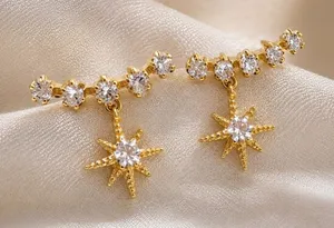 Gold Starburst CZ Drop‎ Earrings Dainty Celestial Earrings New thumbnail 1