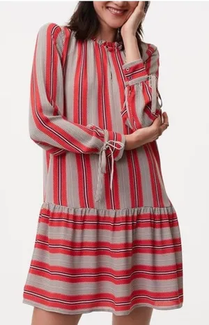 Loft Red White‎ Striped Drop Waist Mini Dress Long Sleeve Tie Cuff XS thumbnail 1