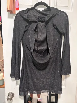 New! Black Sparkly Sequin Backless Tie Mini Long Sleeve mini dress thumbnail 7