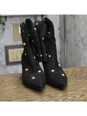 A New Day Studded Faux Suede Mid-Calf Boots with Cone Heel Jet Black / Gold 9M thumbnail 4