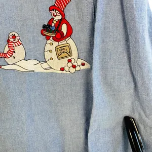 Vtg Christmas Snowman Shirt Chambray Denim Holiday Button‎ Down Top S Festive thumbnail 7