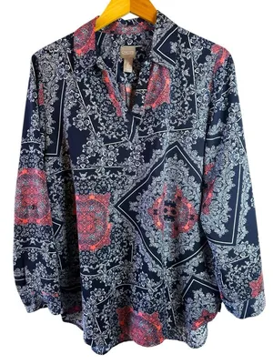 Chico's Navy Coral Medallion Scarf Print Tunic Top Long Sleeve Women's Size 2/L thumbnail 2