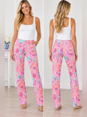 Lilly Pulitzer Floral Print Straight Leg Pants Pink Aqua Size 00 thumbnail 2