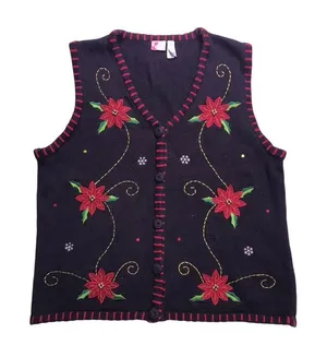 Holiday Editions Sweater Vest Women XL Black‎ Red Poinsettia Beaded Christmas thumbnail 1