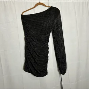 Lucy in the Sky Black‎ Ruched One Shoulder Long Sleeve Bodycon Mini Dress Large thumbnail 2