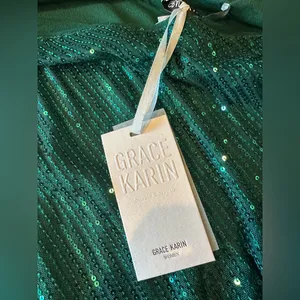 Grace Karin XL Green Sequin Cocktail Dress Asymmetrical Wrap Waist Holiday Party thumbnail 6