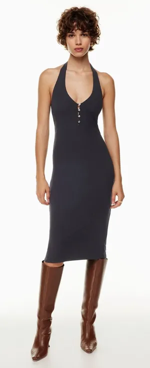 NWT Wilfred Aritizia Temperature Halter Midi Dress in Black Size Small thumbnail 1