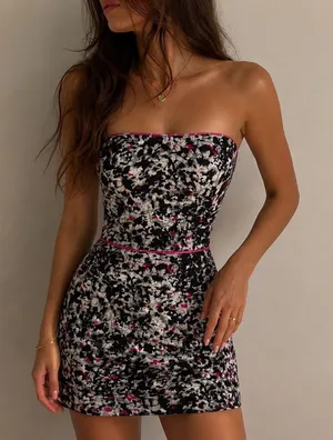 Sandro‎ Silver Metallic Jacquard Strapless Mini Dress Size 8 Coquette Party Glam thumbnail 1