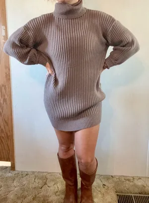 Prinbara Brown Ribbed Oversized Turtleneck Sweater Dress S thumbnail 1