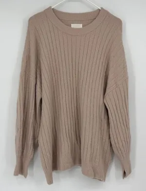 Aerie Women's M Taupe Fuzzy Ribbed Oversized Crewneck Pullover Sweater thumbnail 1