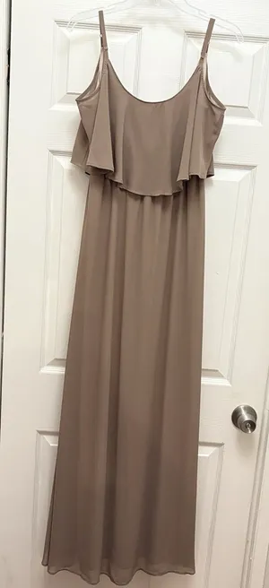 Show Me Your Mumu Caitlin Ruffle Maxi Dress Cold Shoulder Gown Dune Chiffon M thumbnail 1