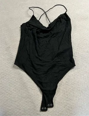 Abercrombie Soft Drapery Cowl Neck Black Bodysuit Size Medium EUC thumbnail 1