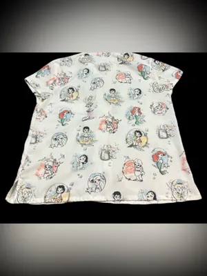 Disney Cream Short Sleeve Top with Multicolor Princess & Mermaid Sketches M thumbnail 2