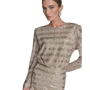 BCBG Womens Sequin Detail Striped Boat Neck Dress BD5E5180 Champaign Brown 10 thumbnail 9