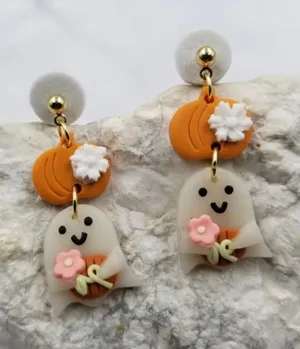 Halloween Pumpkin Ghost Clay Earrings Orange thumbnail 1