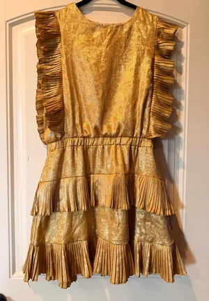 TCEC Metallic Gold Pleated Ruffle Mini Dress M Party Holiday thumbnail 1