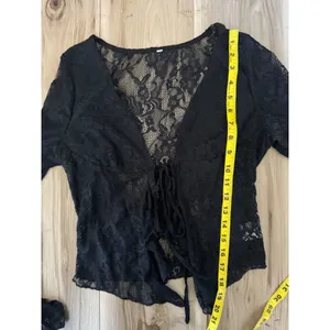 Black Lace Tie Front Crop Top M Sheer Y2K Goth Fairy Grunge‎ Long Sleeve Stretch thumbnail 6