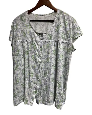 Vera Wang Womens Floral Button Front Nightgown Top Lace Trim Blue Green Rose Print thumbnail 1