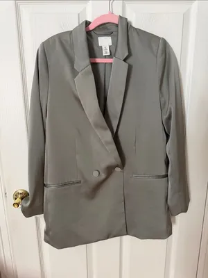 H&M Light sage Double-Breasted Satin Blazer small thumbnail 1