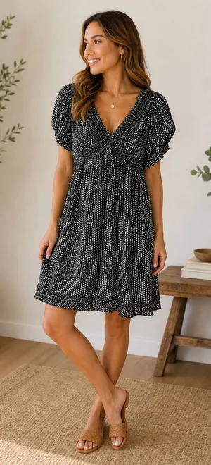 Max Studio Black White Polka Dot Smocked‎ Empire Waist Mini Dress Womens Small thumbnail 1