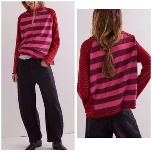 Free People We The Free Punk Playful Tee Size Medium Pink Red Stripes Emo thumbnail 2