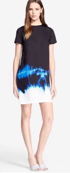VINCE black, blue & white tie dye watercolor shift dress w/POCKETS. Size 4 FLAW thumbnail 1