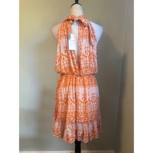 BTFBM Orange Pink boho dainty coastal resort Halter Open Back Mini Dress Large y thumbnail 5