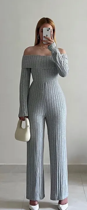 CBR Grey Ribbed Knit Two Piece Set Off Shoulder Top Wide Leg Pants XL DL2582 thumbnail 1