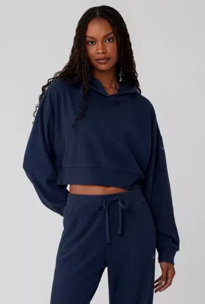 ALO Yoga Muse Navy Cropped Ribbed Hoodie thumbnail 1