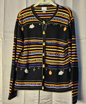 Vintage Berek Black Orange Striped Embellished Halloween Cardigan‎ Sweater Large thumbnail 1