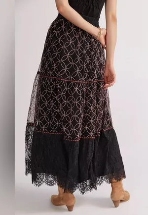Anthropologie bl-nk embroidered chiffon and lace maxi skirt thumbnail 2