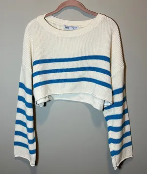 Zara Women's Medium Striped Cropped Knit Sweater Blue Cream Long Sleeve Boxy Fit thumbnail 1