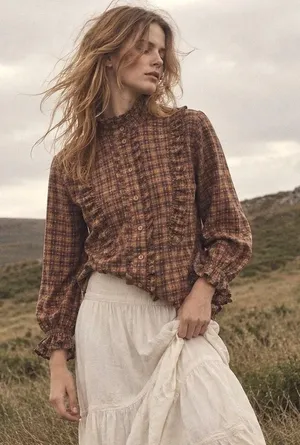 Plaid Ruffle Blouse Brown L Boho Prairie Cottagecore Fall Romantic Victorian Top thumbnail 1