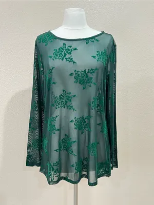 Studio Y by Maurices Emerald Green Velvet Flocked Floral Mesh Top NWT Size 0X thumbnail 3