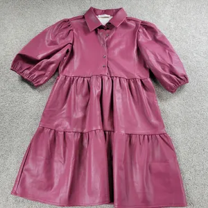 Karlie Womens Faux Leather Dress S Red Puff Sleeve Tiered Button Front Collared thumbnail 8