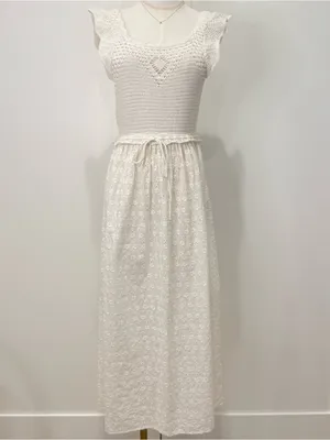 Zara Crochet Eyelet Midi Dress Cream XS Beachy Boho Cottagecore Vacay Hippie thumbnail 5