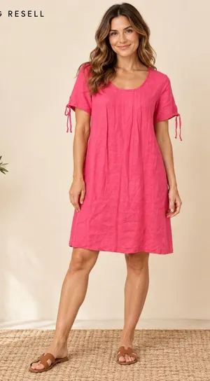 Hot Cotton Pink 100% Linen Pintuck Shift Dress Short Tie Sleeve Size M thumbnail 1