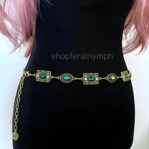 Gold Y2K Emerald Green Jewel Whimsygoth Chain Belt, Fits 26-35 Inches, X7GA1382 thumbnail 3
