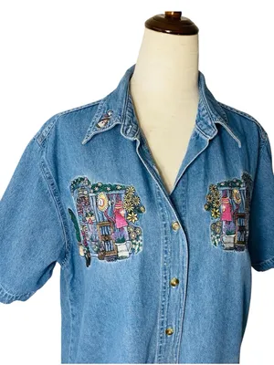 VINTAGE BOBBIE BROOKS Garden Embroidered Denim Shirt thumbnail 1