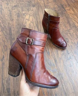 Frye • Patty Riding Bootie brown leather Redwood ankle boot heeled strap buckle thumbnail 2